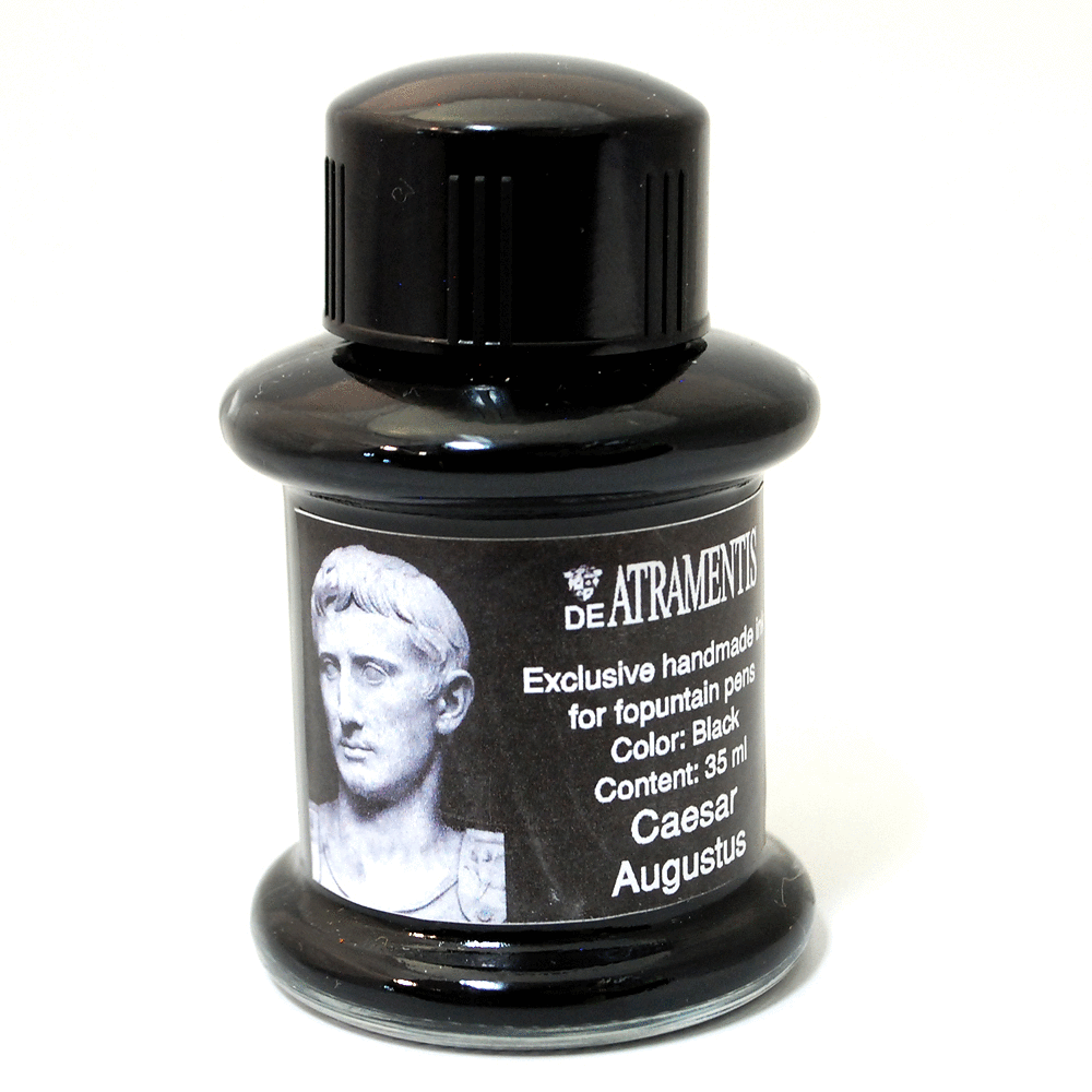 DeAtramentis ink made in Germany. The glass bottles are 35 ml and have names and images of many historical figures, lines that include scented and fragrances that are very unique, deAtramentis also has a line of document inks.