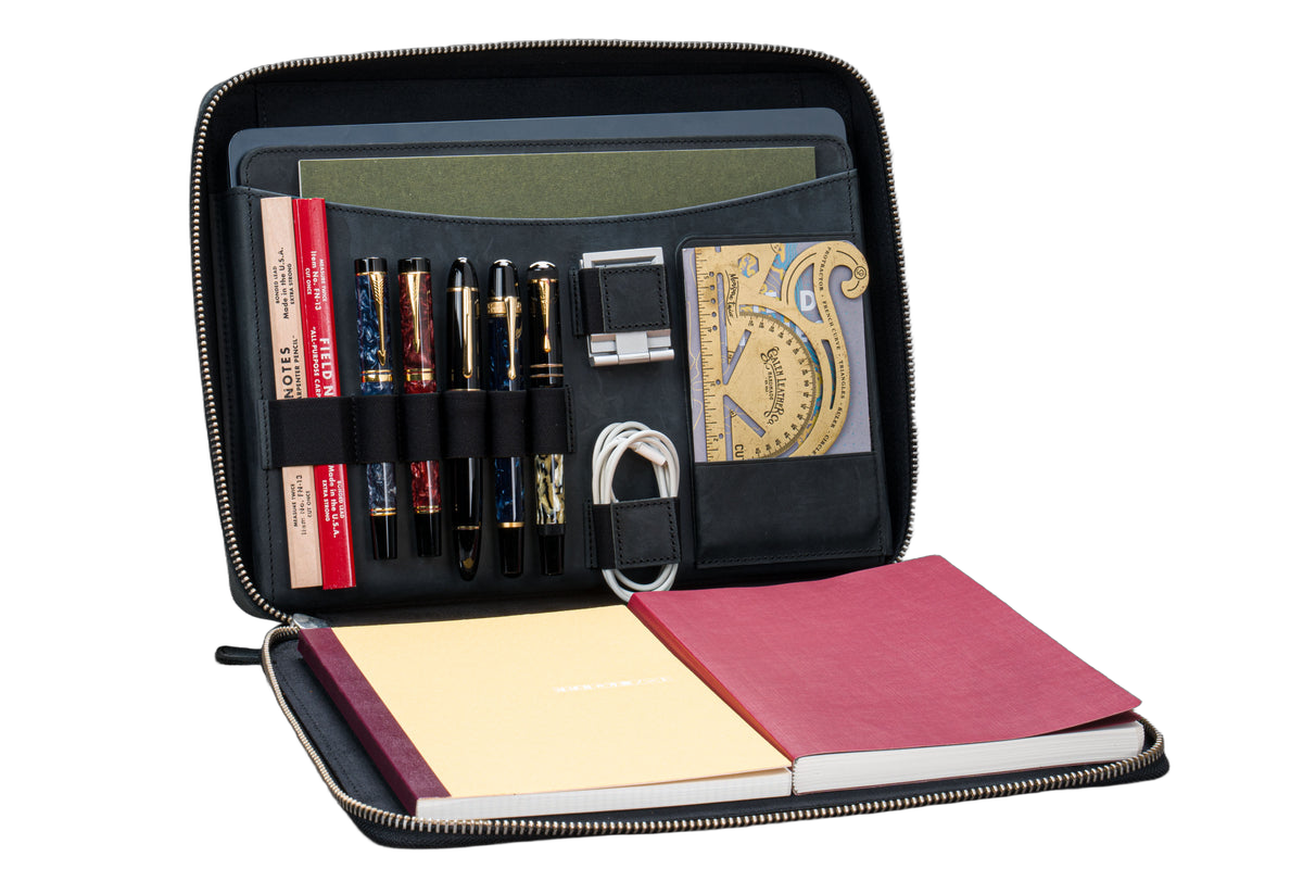Galen Leather Co. Leather Compendium Bag - A4 Zippered Folio Organizer - Crazy Horse Graphite