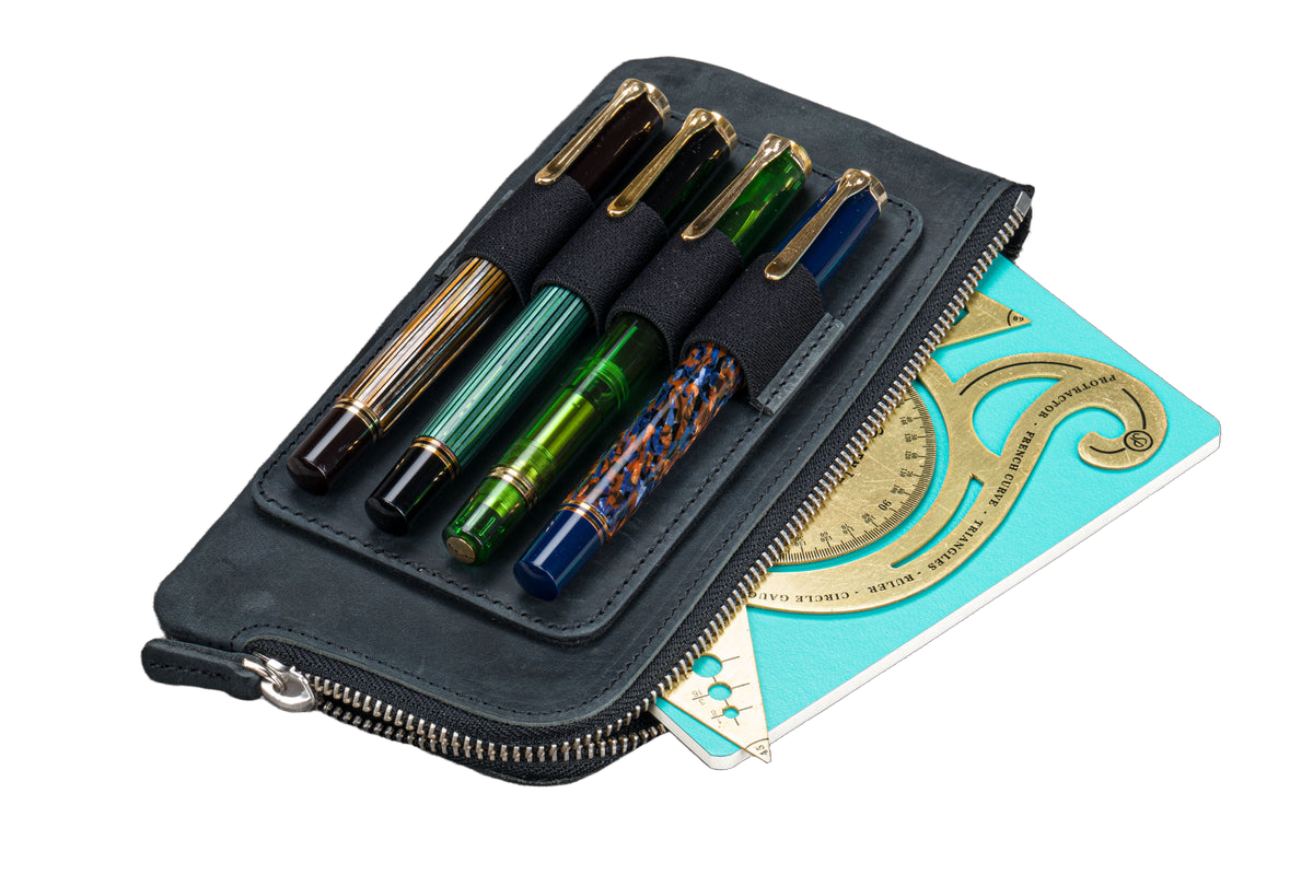 Galen Leather Co. Slip-N-Zip 4 Pen Pouch - Crazy Horse Graphite