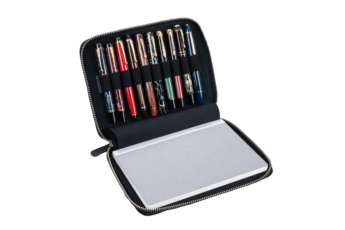 Galen Leather Co. Zippered 10 Slot Pen Case with A5 Notebook Holder - Crazy Horse Graphite