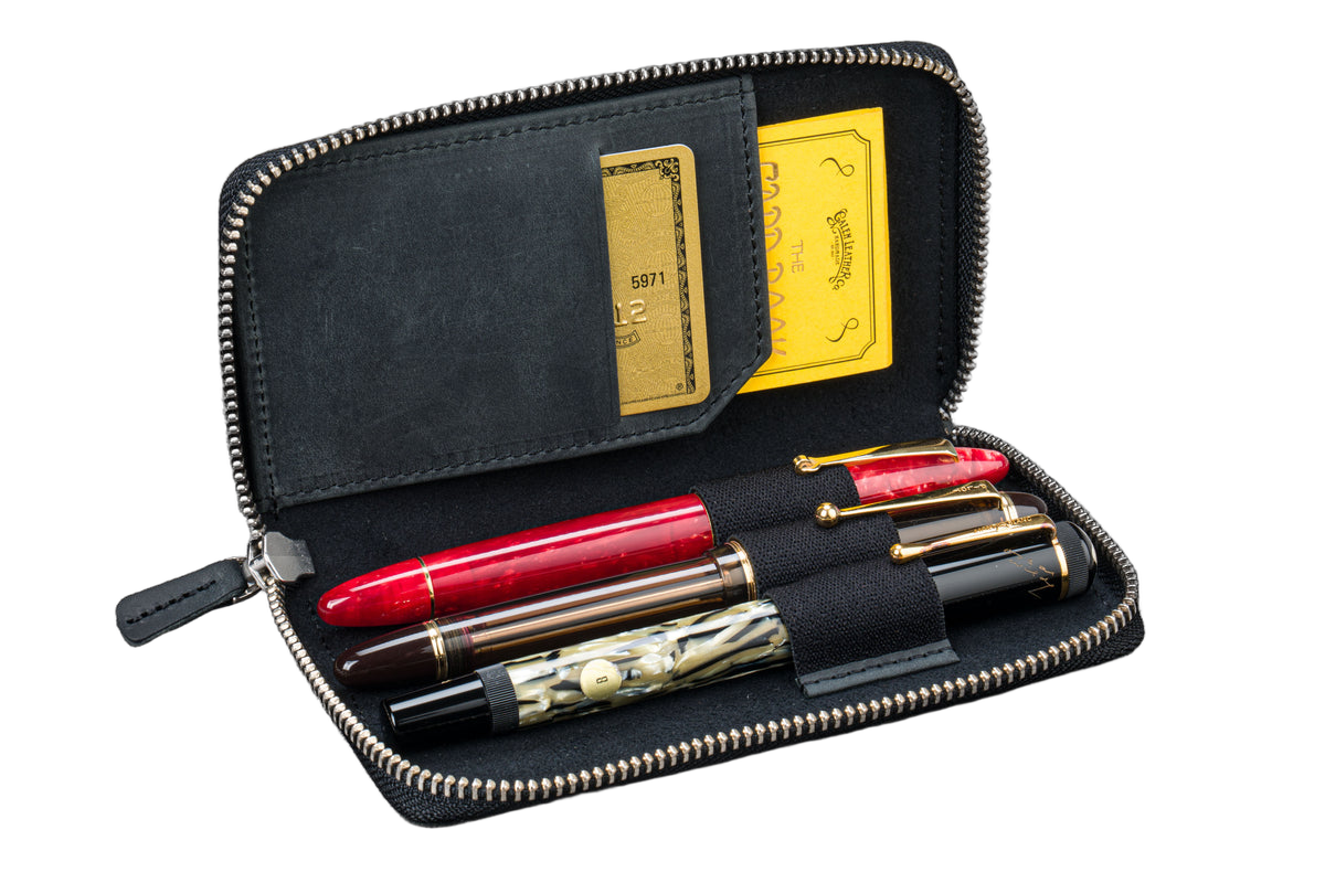 Galen Leather Co. Zippered 3 Slot Pen Case - Crazy Horse Graphite