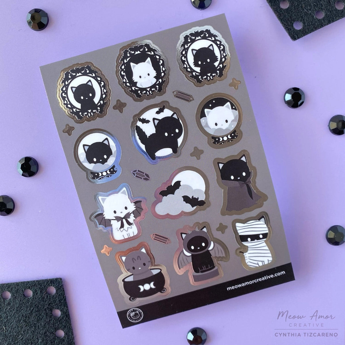 Meow Amor Creative - Gothic Halloween Cats Silver Foil Sticker Sheet