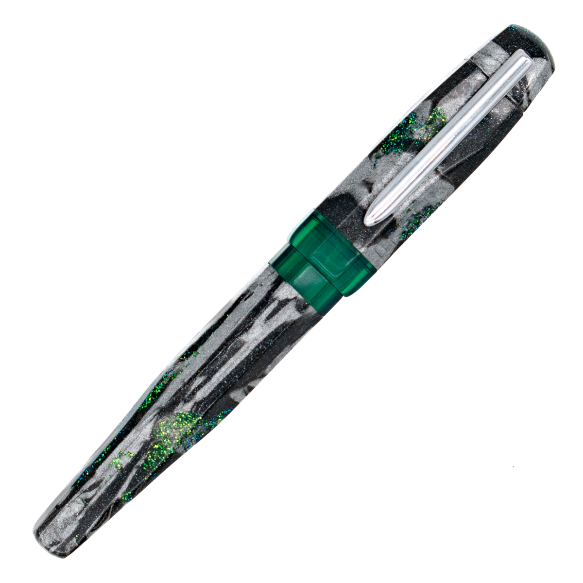 A fountain pen with a shimmer black, silver, and green marble patterned barrel with translucent green accents and a silver clip, shown diagonally on a plain white background.