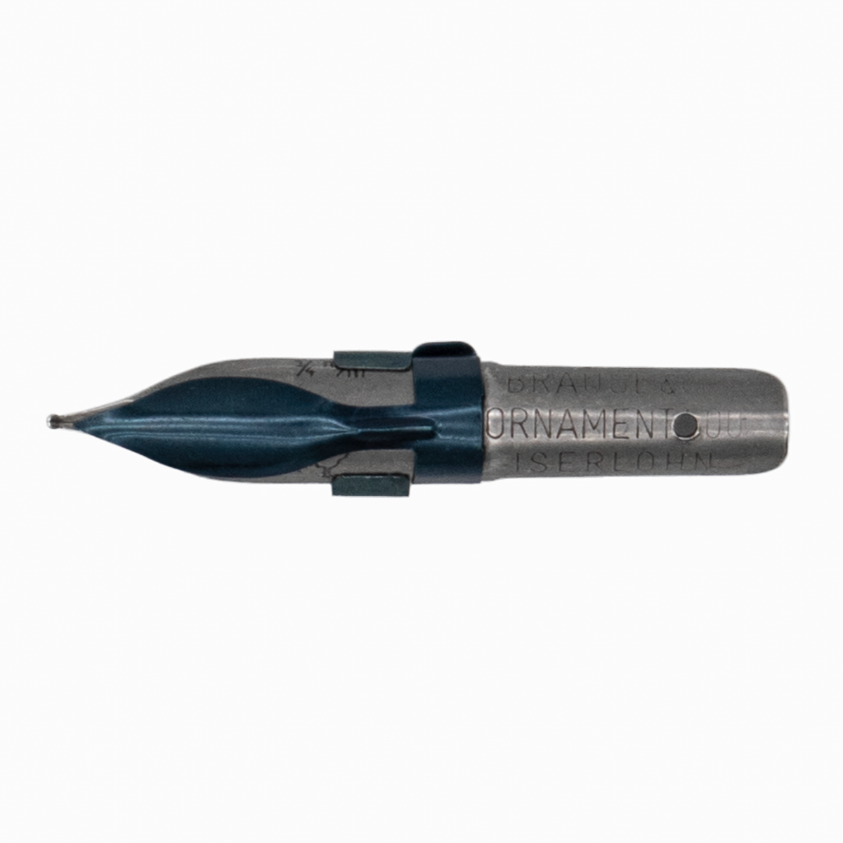 A mini circular tipped silver steel dip pen nib engraved with 'BRAUSE ORNAMENT 500 ISERLOHN' with a navy blue ink cage on a white background.