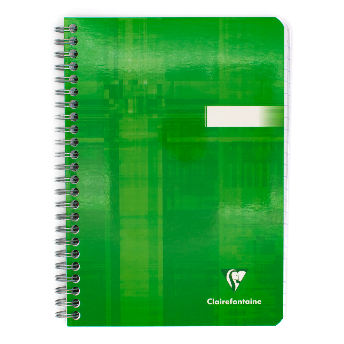 A green spiral-bound notebook with a glossy finish, featuring a white horizontal slot on the front cover and the Clairefontaine logo in the bottom right corner, set against a plain white background.