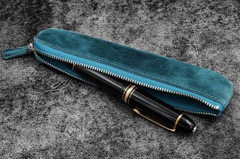 Galen Leather Co. Leather Zippered Single Pen Pouch - Crazy Horse Ocean Blue