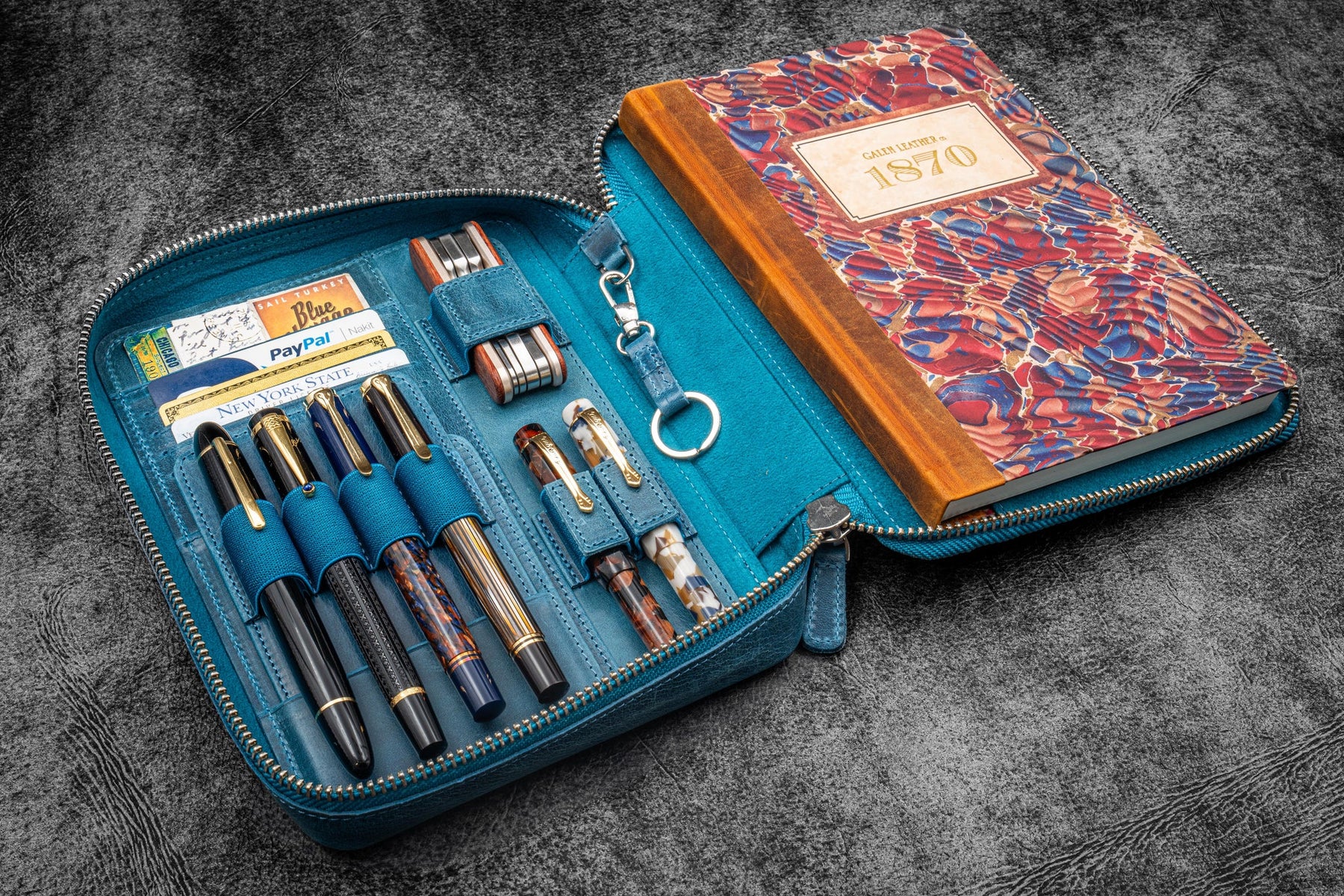 Galen Leather Co. Zippered A5 Wide Expansi Folio - Crazy Horse Ocean Blue