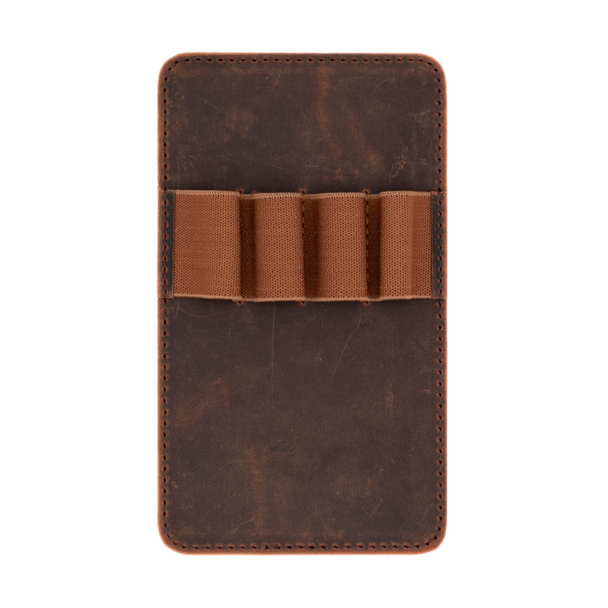 A dark brown leather insert with a stitched trim around the edge of the rounded rectangle and four elastic camel brown slots on a white background.