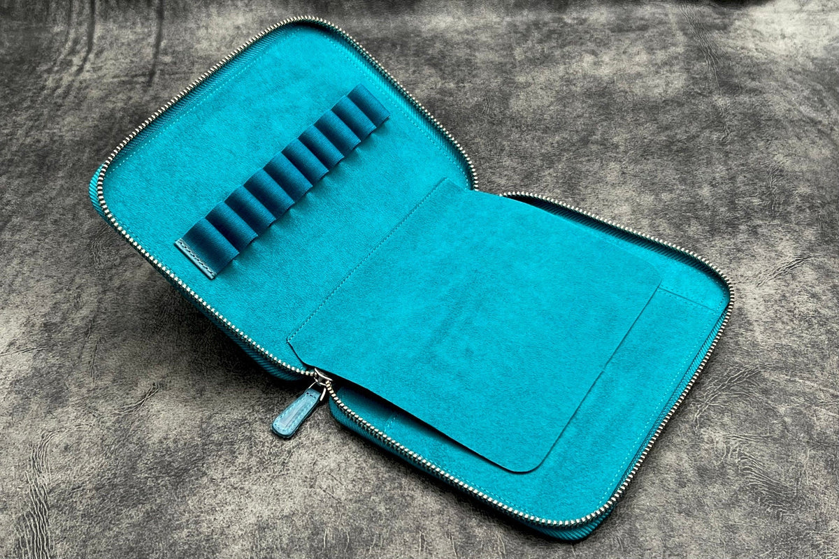 Galen Leather Co. Zippered 10 Slot Pen Case with A5 Notebook Holder - Crazy Horse Ocean