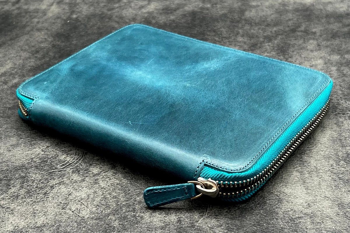 Galen Leather Co. Zippered 10 Slot Pen Case with A5 Notebook Holder - Crazy Horse Ocean