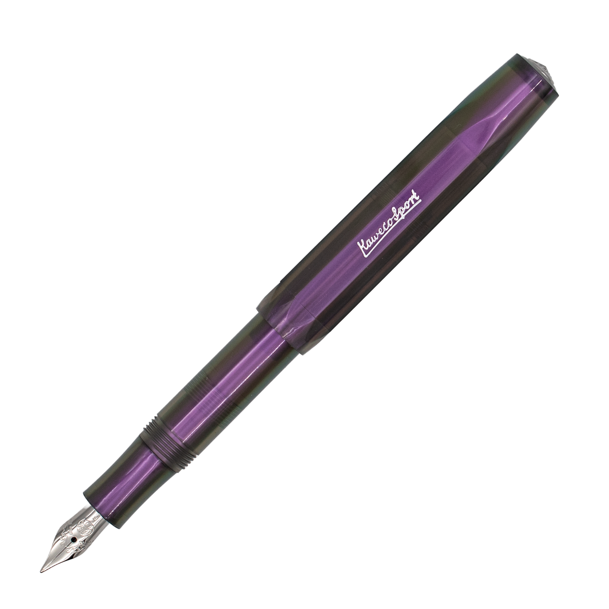 A purple and dark green iridescent fountain pen with silver details, cap posted on the barrel, shown diagonally on a plain white background. The brand name 'Kaweco' is embossed in silver script on the cap.