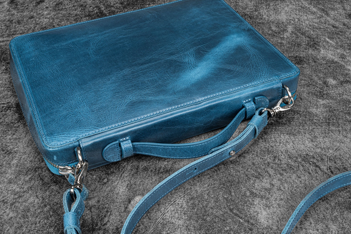 Galen Leather Co. Leather Compendium Bag - A4 Zippered Folio Organizer - Crazy Horse Ocean