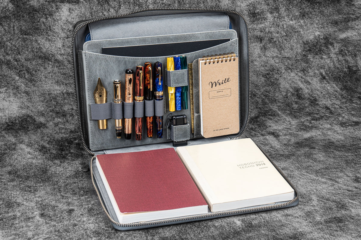 Galen Leather Co. Leather Compendium Bag - A4 Zippered Folio Organizer - Crazy Horse Smoky