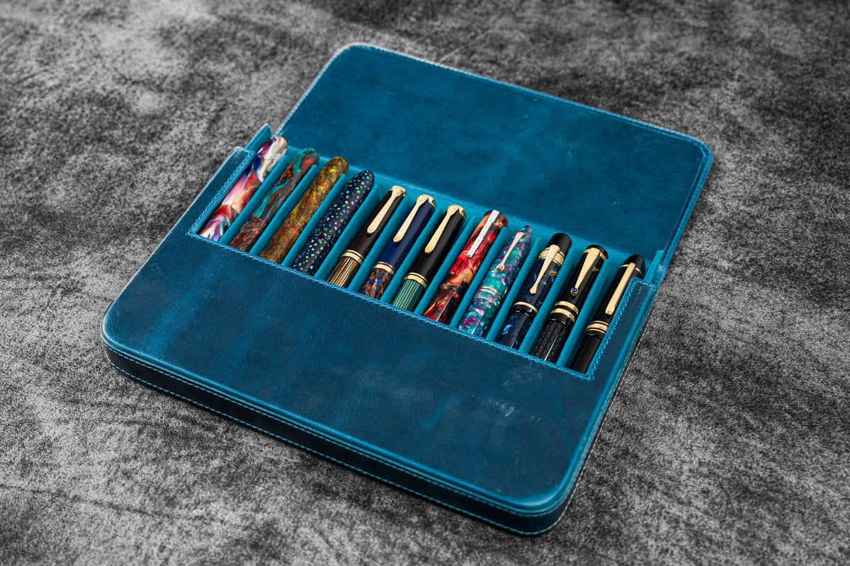 Galen Leather Co. Magnum Opus 12 Slot Hard Pen Case - Crazy Horse Ocean Blue