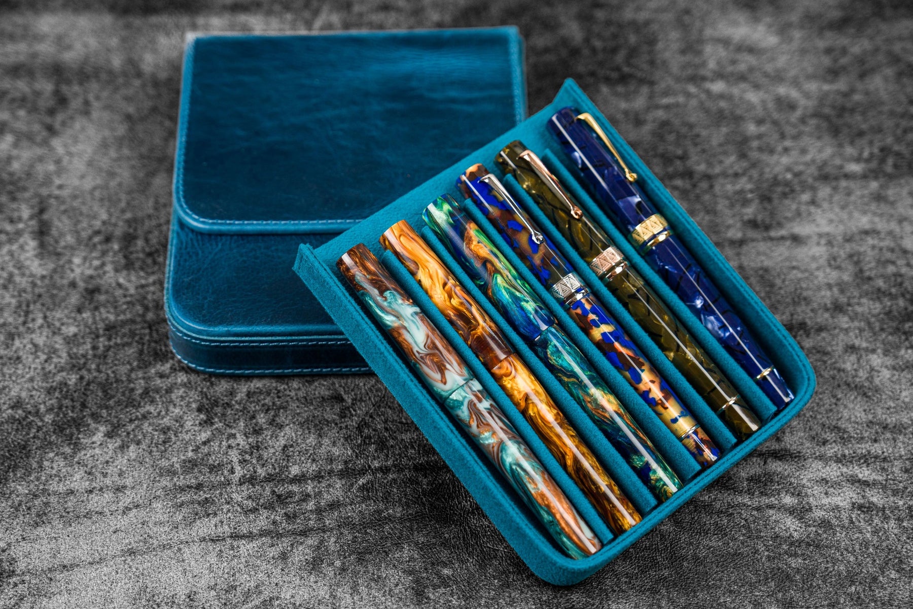 Galen Leather Co. Magnum Opus 6 Slot Magnetic Hard Pen Case - Crazy Horse Ocean Blue