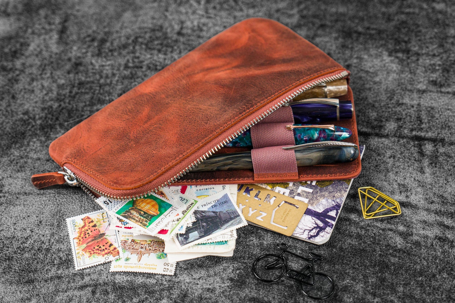 Galen Leather Co. Slip-N-Zip 4 Pen Pouch - Crazy Horse Orange