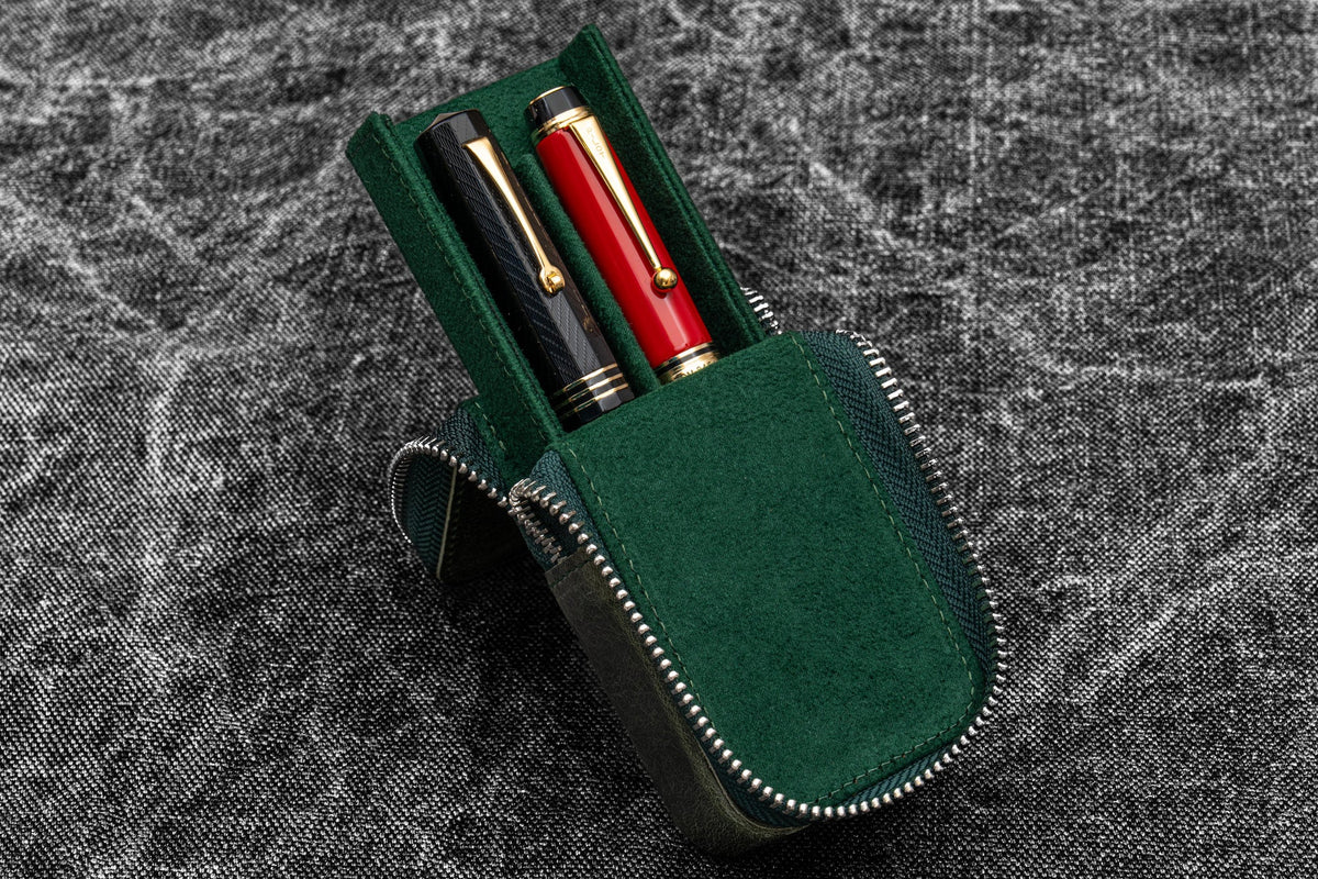 Galen Leather Co. Zipper Magnum Opus 2 Slot Hard Pen Case - Crazy Horse Green