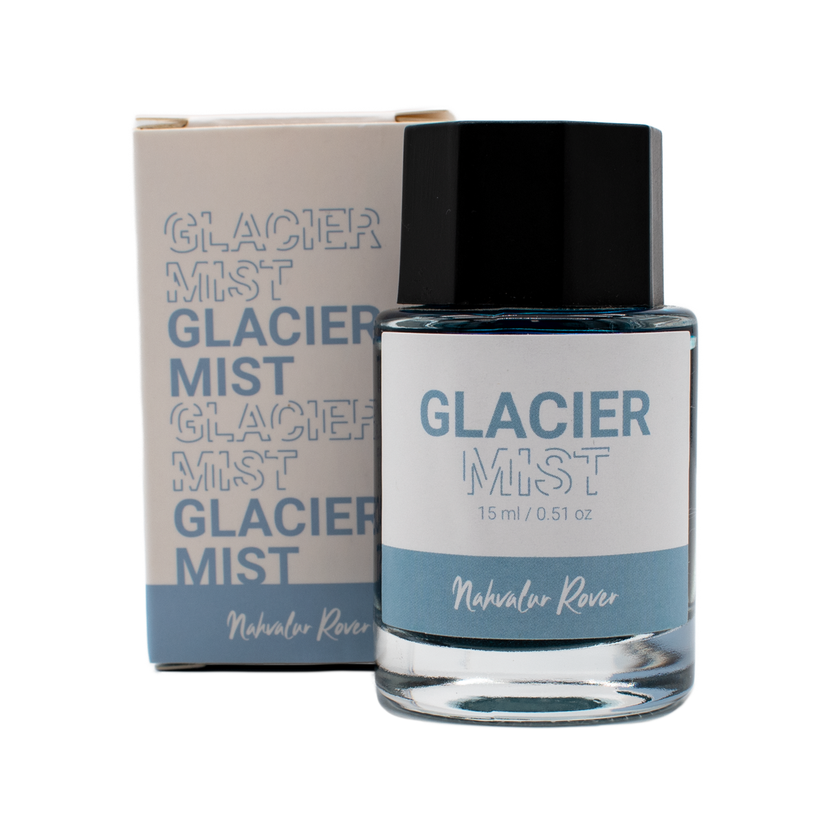 A 15 ml bottle of 'Glacier Mist' in the Nahvalur Rover collection with its box on a plain white background.