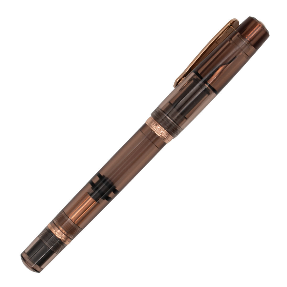 A transparent brown fountain pen with rose gold details on a plain white background.