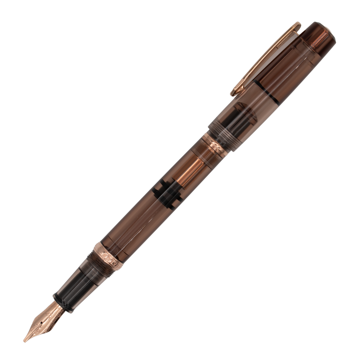 A transparent brown fountain pen with rose gold details on a plain white background.
