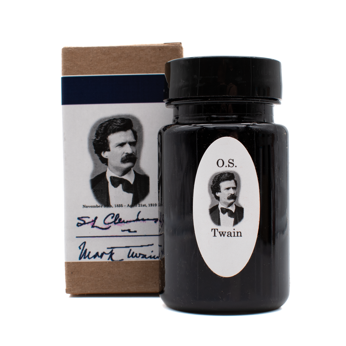 A bottle of 'Mark Twain Halley's Comet' by Organics Studio featuring Mark Twain's black and white portrait on the bottle label and the product box on a white background.