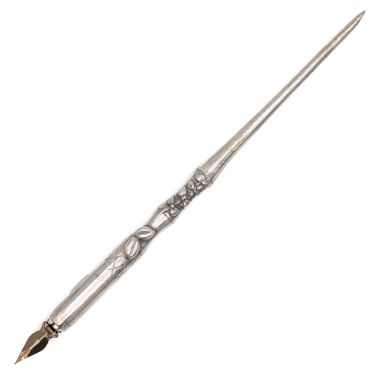A brushed antique silver calligrapher's dip pen with coffee beans and a floral design. There is a bronze-toned nib with a keyhole accent.