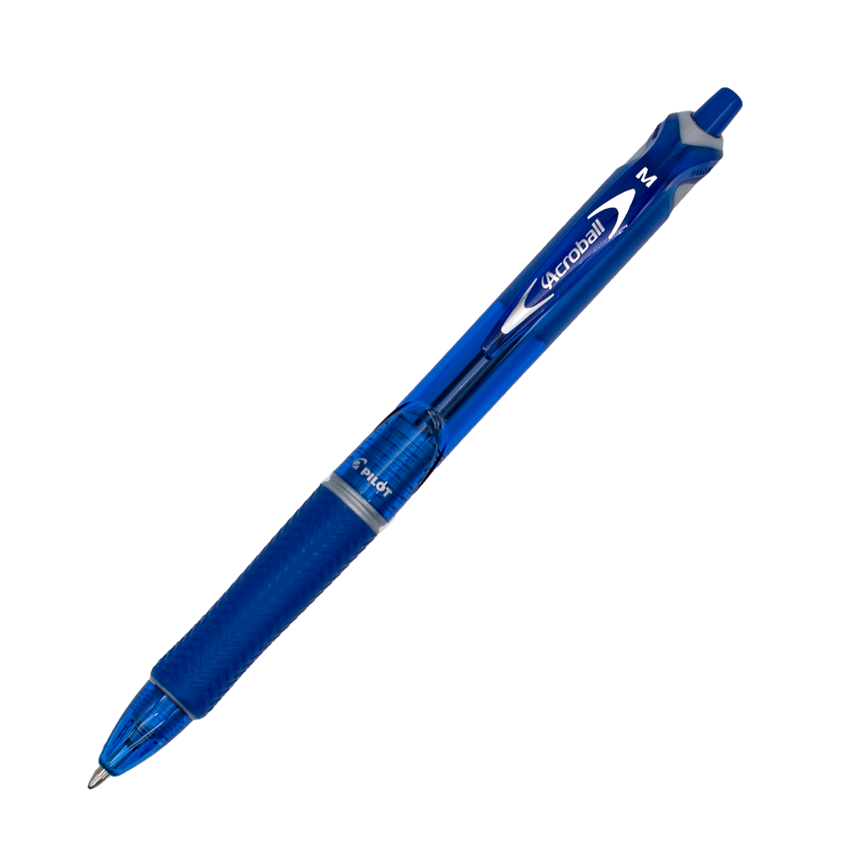 A blue retractable ballpoint pen with white printed branding and text, shown diagonally on a plain white background.