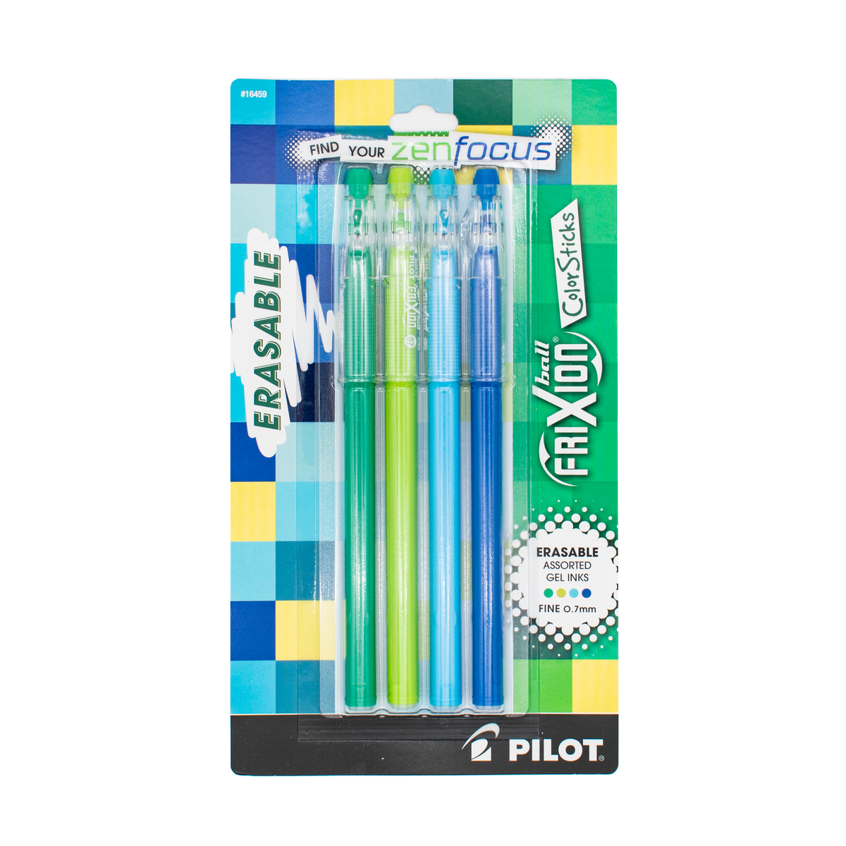 Pilot Frixion Erasable Colorsticks Assorted pens in a 4-pack, featuring green, lime green, turquoise, and navy gel pens in a colorful packaging on a plain white background.
