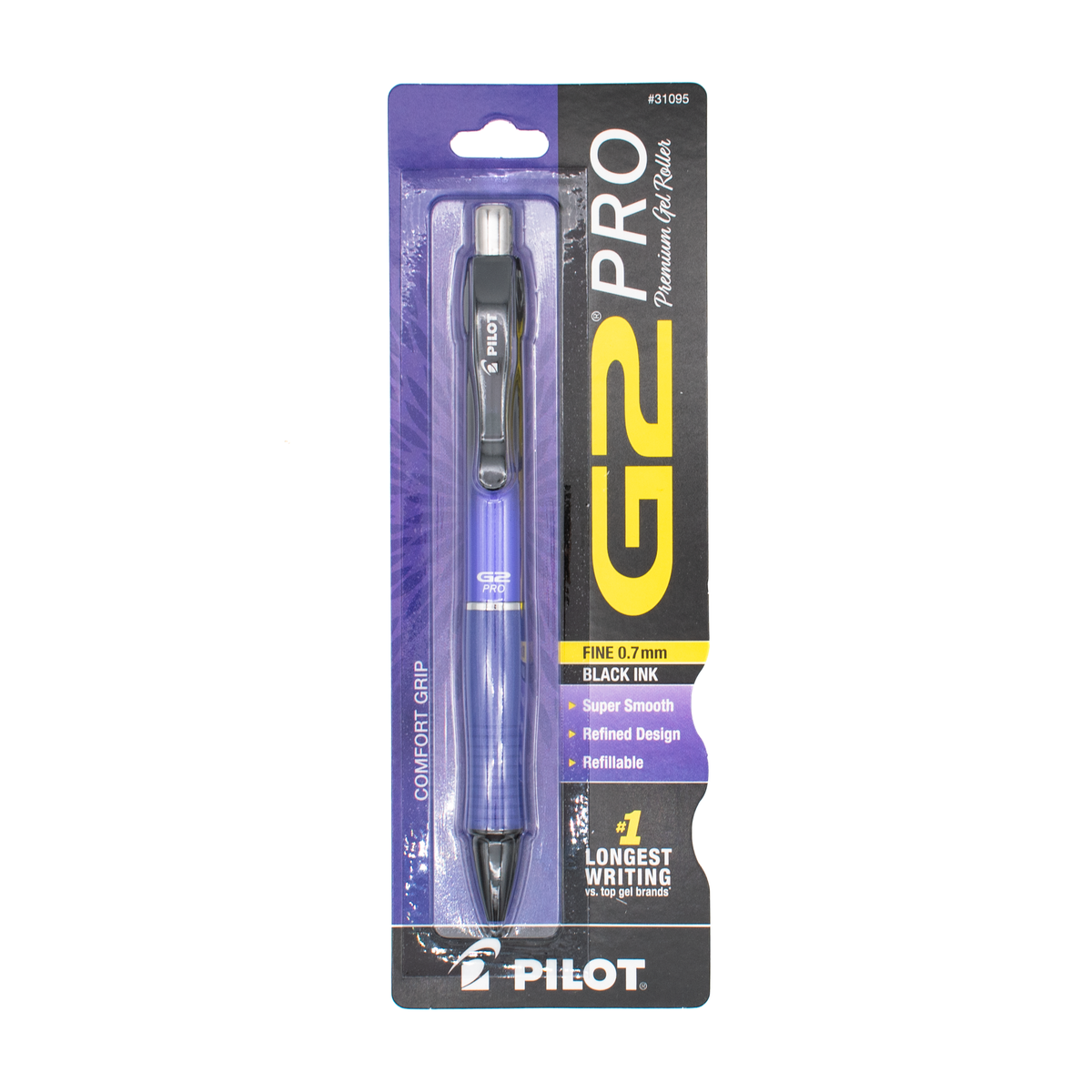 Packaged retractable fine .7 mm Pilot G2 Pro, purple barrel with black and silver details, black ink on a plain white background.