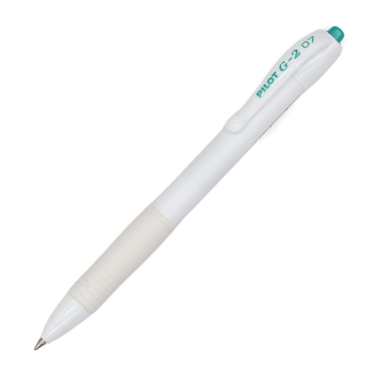 A white Pilot G-2 gel pen with a green push button clicker and matching printed branding, shown diagonally on a plain white background.