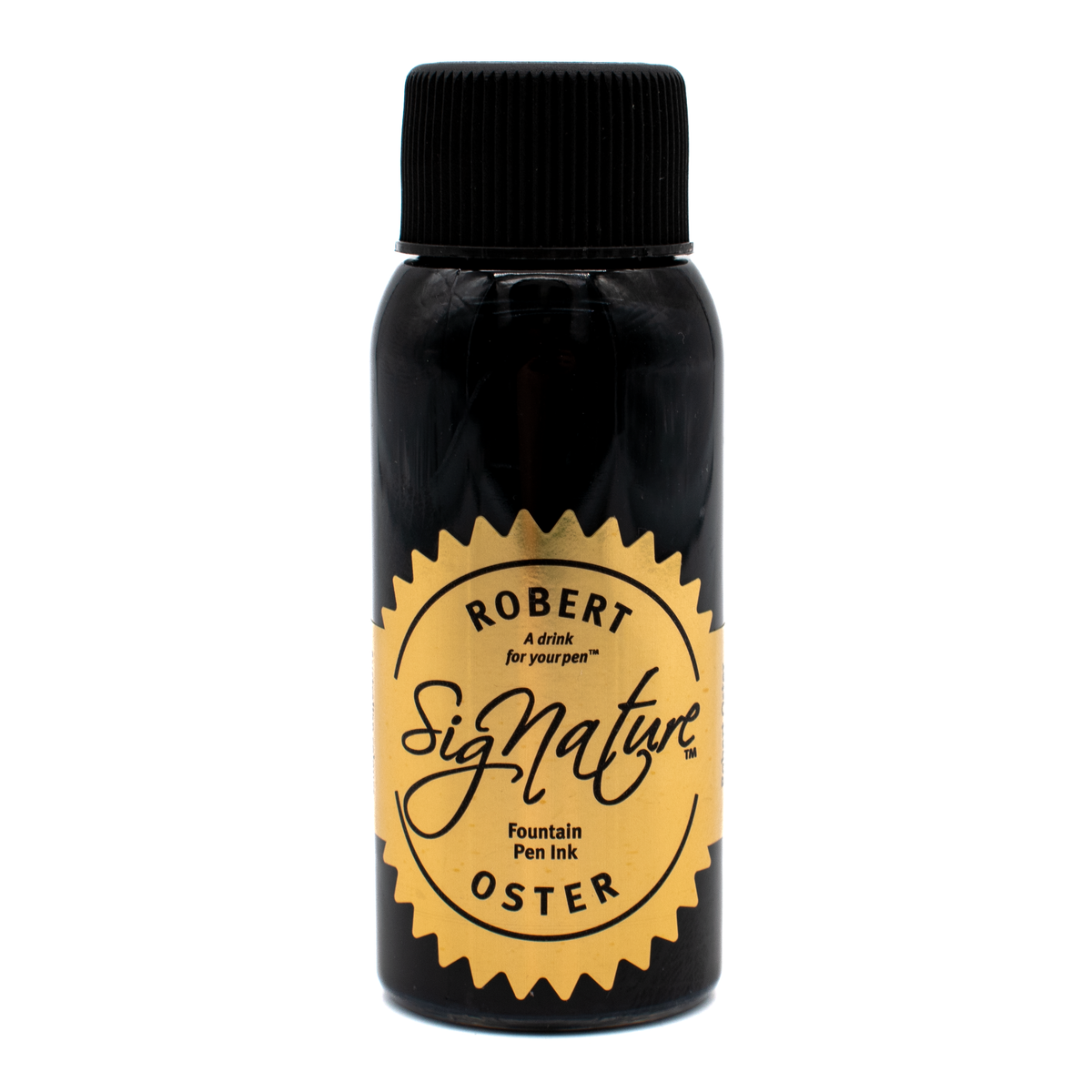 A bottle of Robert Oster Signature Fountain Pen Ink, featuring a black bottle and cap with a gold circular label.