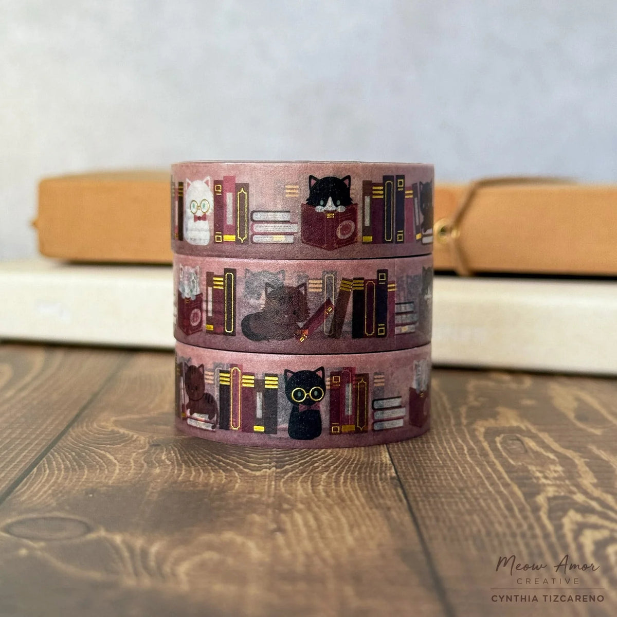 Meow Amor Creative - Blush Book Cats Gold Foil Washi Tape