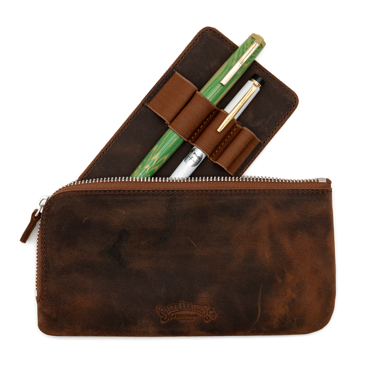 Galen Leather Co. Slip-N-Zip 4 Pen Pouch - Crazy Horse Havana Brown