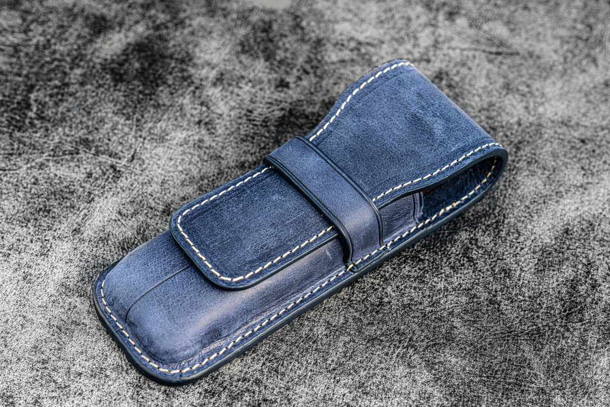 Galen Leather Co. Flap Pen Case for 2 Pens - Crazy Horse Navy Blue