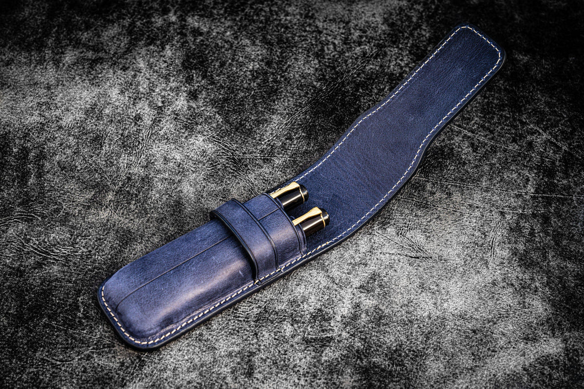 Galen Leather Co. Flap Pen Case for 2 Pens - Crazy Horse Navy Blue