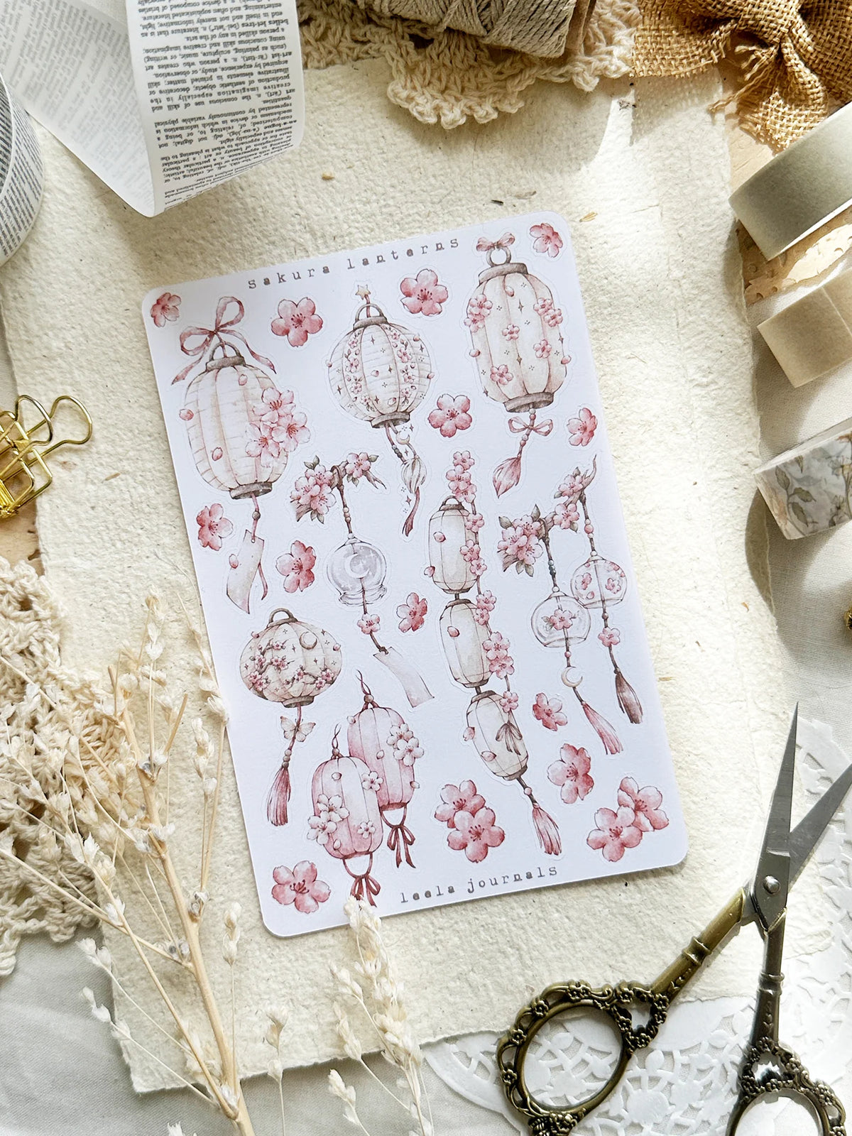 Leelajournals Pink Sakura Lanterns Sticker Sheet