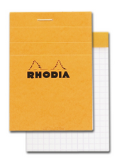 3 x 4" top staplebound notepad with an orange cover, from Rhodia.  Measures 3 x 4" 80 Sheets (160 Pages) Available in Lined & Graph White Acid-Free Paper Paper Weight: 80 GSM