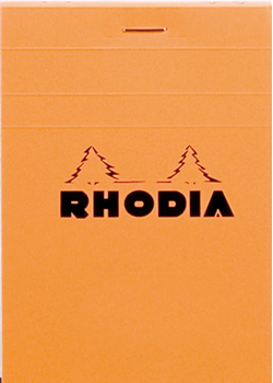 #12 top staplebound notepad with an orange cover, from Rhodia.  Measures 3 ⅜ x 4 ¾" 80 Sheets (160 Pages) Available in Lined, Dot & Graph White Acid-Free Paper Paper Weight: 80 GSM