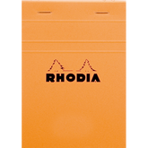 #13 top staplebound notepad with an orange cover, from Rhodia.  Measures 4 x 6" 80 Sheets (160 Pages) Available in Lined & Graph White Acid-Free Paper Paper Weight: 80 GSM