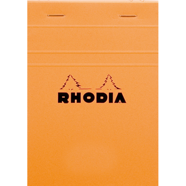 #13 top staplebound notepad with an orange cover, from Rhodia.  Measures 4 x 6" 80 Sheets (160 Pages) Available in Lined & Graph White Acid-Free Paper Paper Weight: 80 GSM