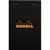 #14 top staplebound notepad with a black cover, from Rhodia.  Measures 4 ⅜ x 6 ⅜" 80 Sheets (160 Pages) Available in Lined & Graph White Acid-Free Paper Paper Weight: 80 GSM