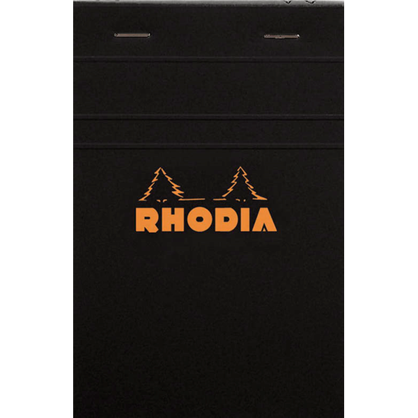 #14 top staplebound notepad with a black cover, from Rhodia.  Measures 4 ⅜ x 6 ⅜" 80 Sheets (160 Pages) Available in Lined & Graph White Acid-Free Paper Paper Weight: 80 GSM