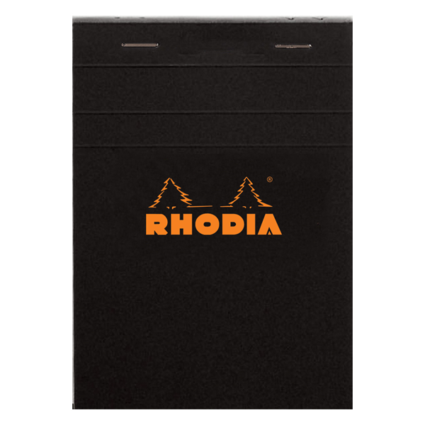 #16 top staplebound notepad with a black cover, from Rhodia.  Measures 6 x 8 ¼" 80 Sheets (160 Pages) Available in Blank, Lined, Dot, Graph & Meeting White Acid-Free Paper Paper Weight: 80 GSM