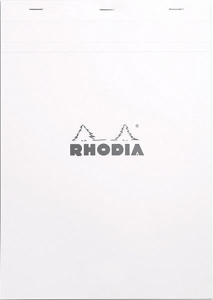 #18 top staplebound notepad with a white cover, from Rhodia.  Measures 8 ¼ x 11 ¾" 80 Sheets (160 Pages) Available in Lined & Graph White Acid-Free Paper Paper Weight: 80 GSM