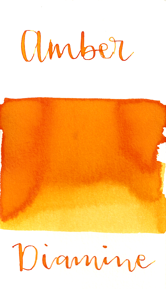Diamine Amber is a warm yellow-orange fountain pen ink with medium shading. 