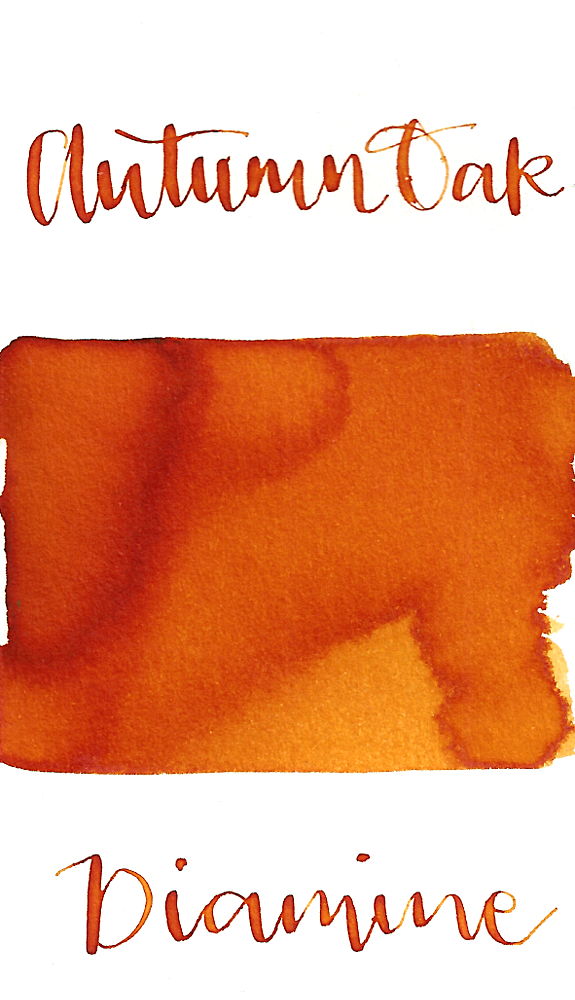 Diamine Autumn Oak is a rich, warm orange-brown fountain pen ink with medium shading.