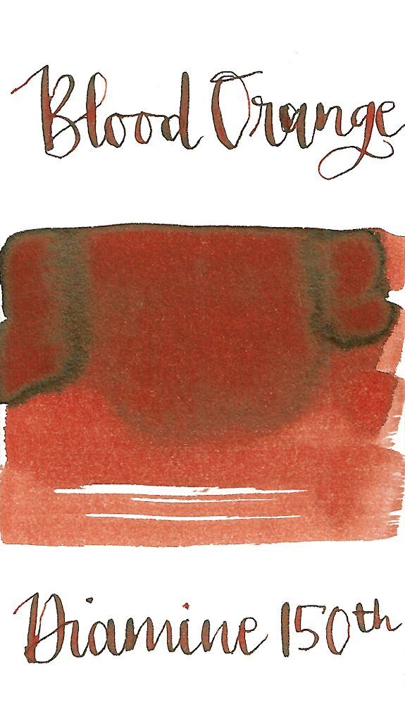 Diamine Blood Orange is a dark red orange fountain pen ink with medium shading and medium black sheen.