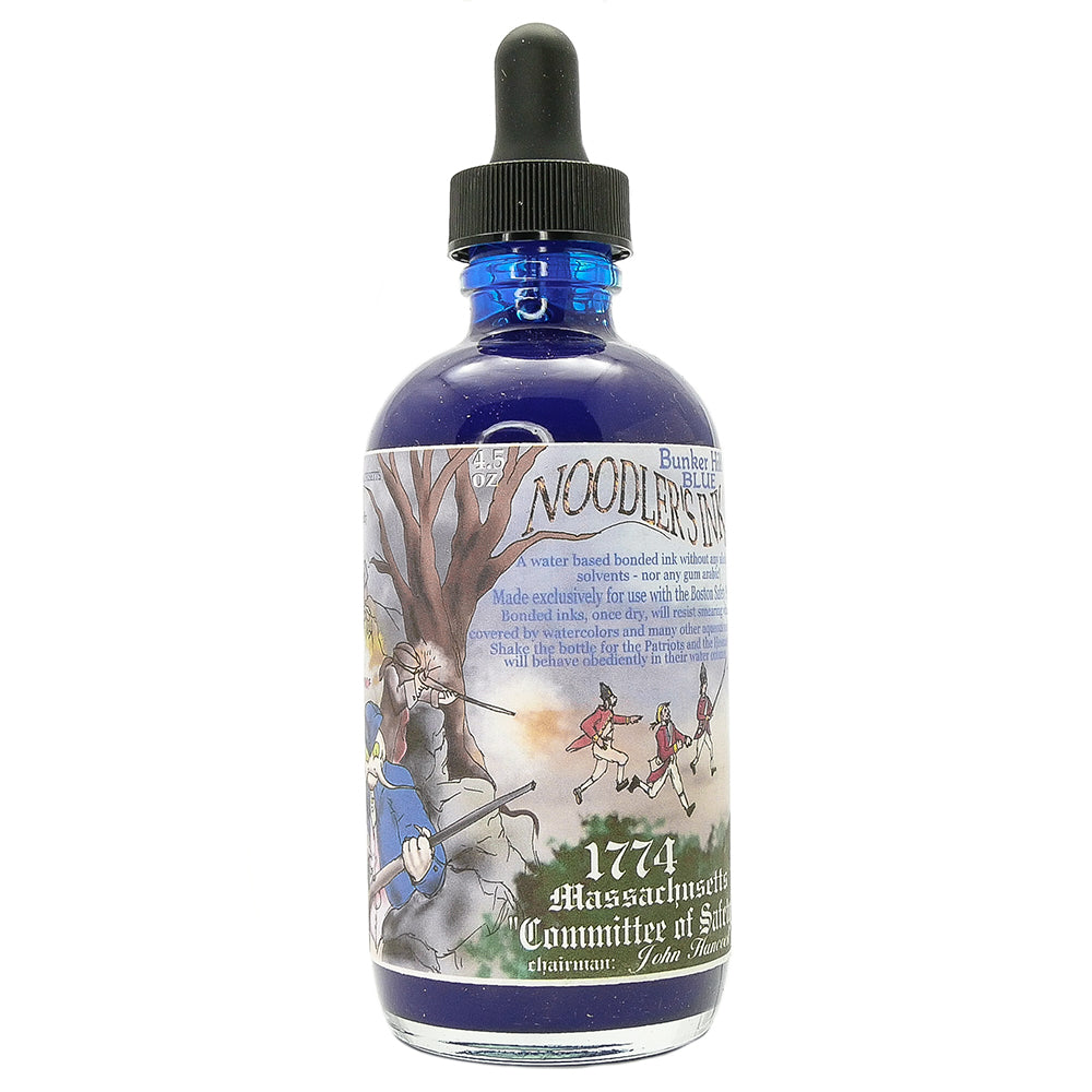 NOT for use with fountain pens  4.5oz bottle of blue bulletproof ink from Noodler's, made in USA.  A water based bonded ink without any alcohol solvents - nor any gum arabic!  Bonded inks once dry, will resist smearing when covered by watercolors and many other aqueous media.  Shake the bottle for the Patriots and the Hessians will behave obediently in their water column.