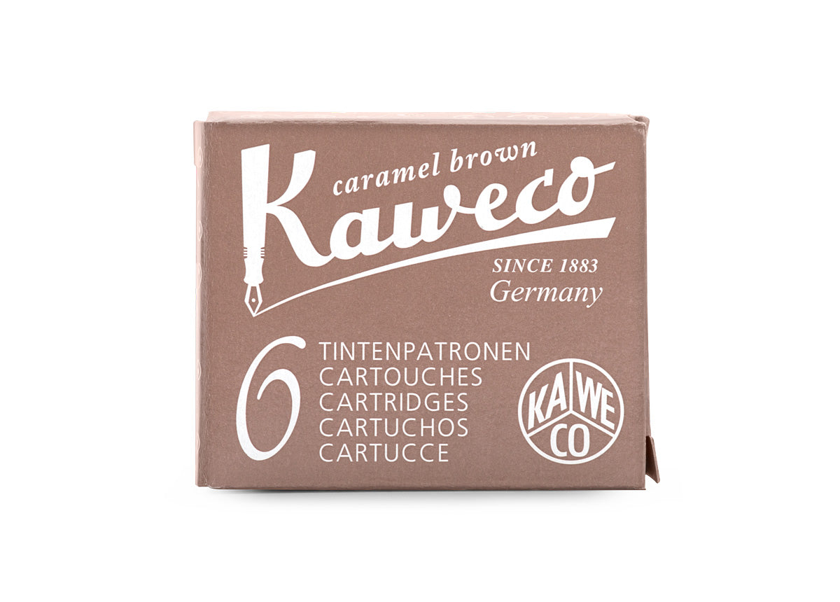 Kaweco Caramel Brown is a medium brown fountain pen ink with medium shading. It dries in 15 seconds in a medium nib on Rhodia and has an average flow. Kaweco ink is made in Germany.