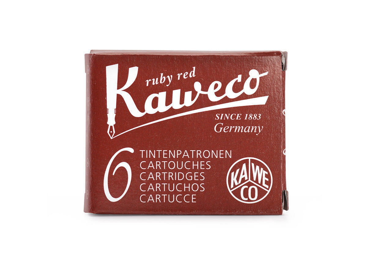 Kaweco Ruby Red is a medium red fountain pen ink that leans pink with medium shading. It dries in 40 seconds in a medium nib on Rhodia and has an average flow. Kaweco ink is made in Germany.